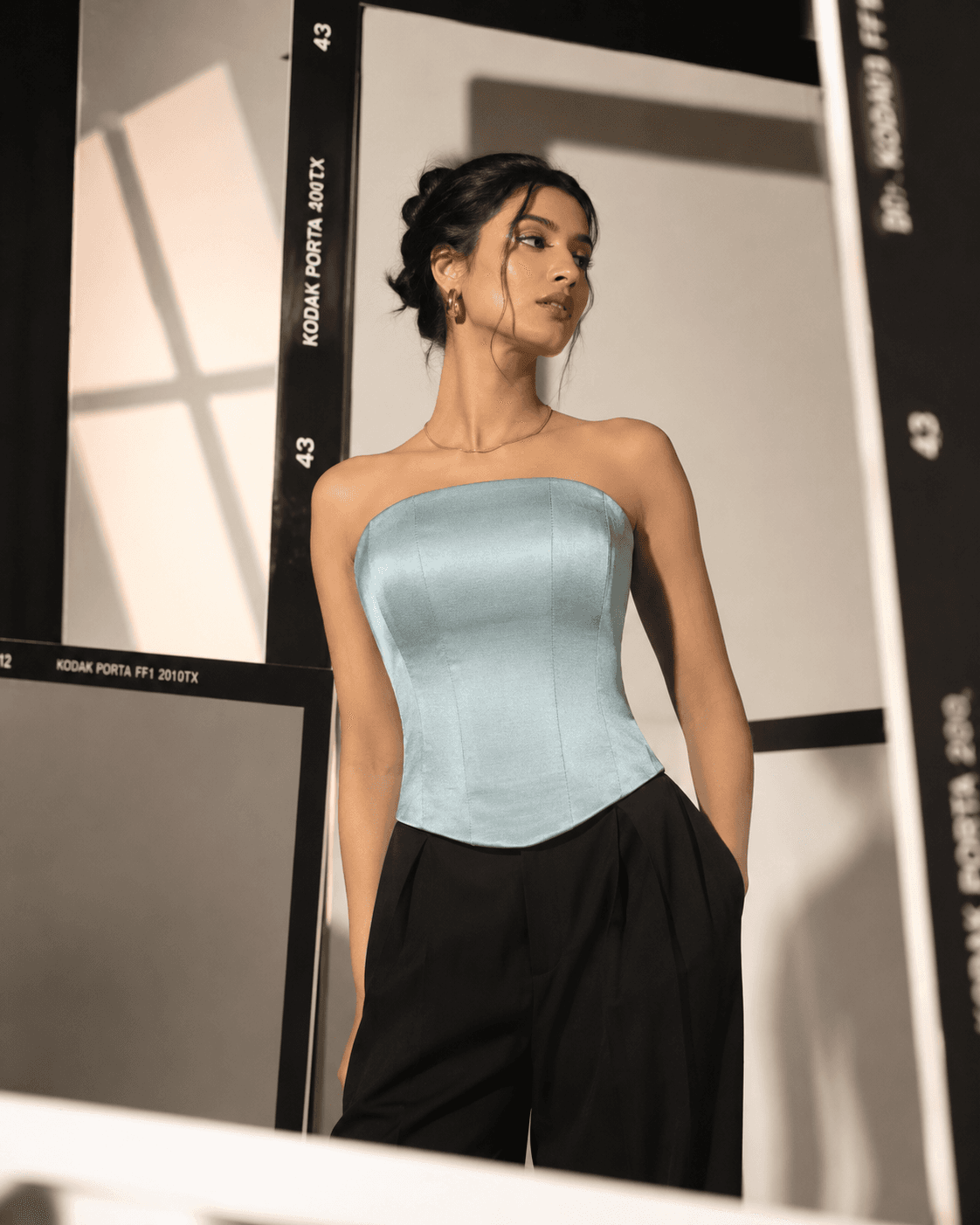 Strapless Slim Fit Corset Top in Sky Blue